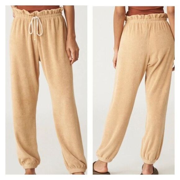 DONNI. Camel Terry Drawstring Joggers Jogging Pants Size Large Tan Pull On Beach - Picture 1 of 11